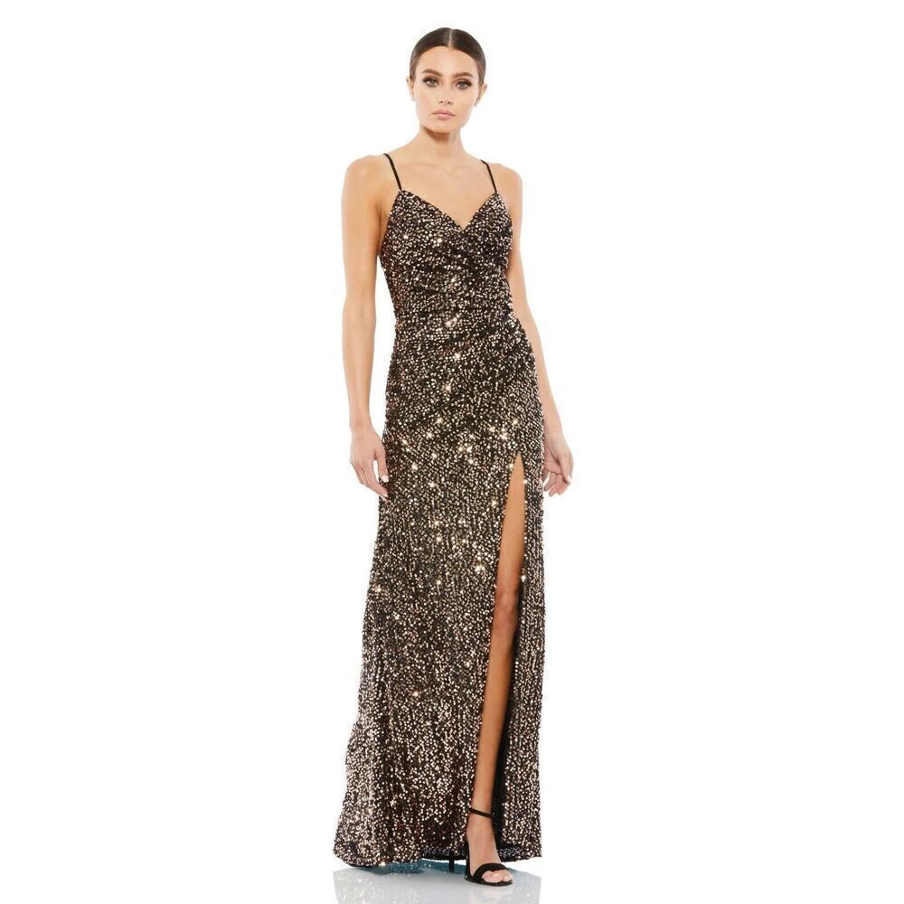 Ieena Mac Duggal Bronze Black Sequin Gathered Waist Gown Size 4 $398